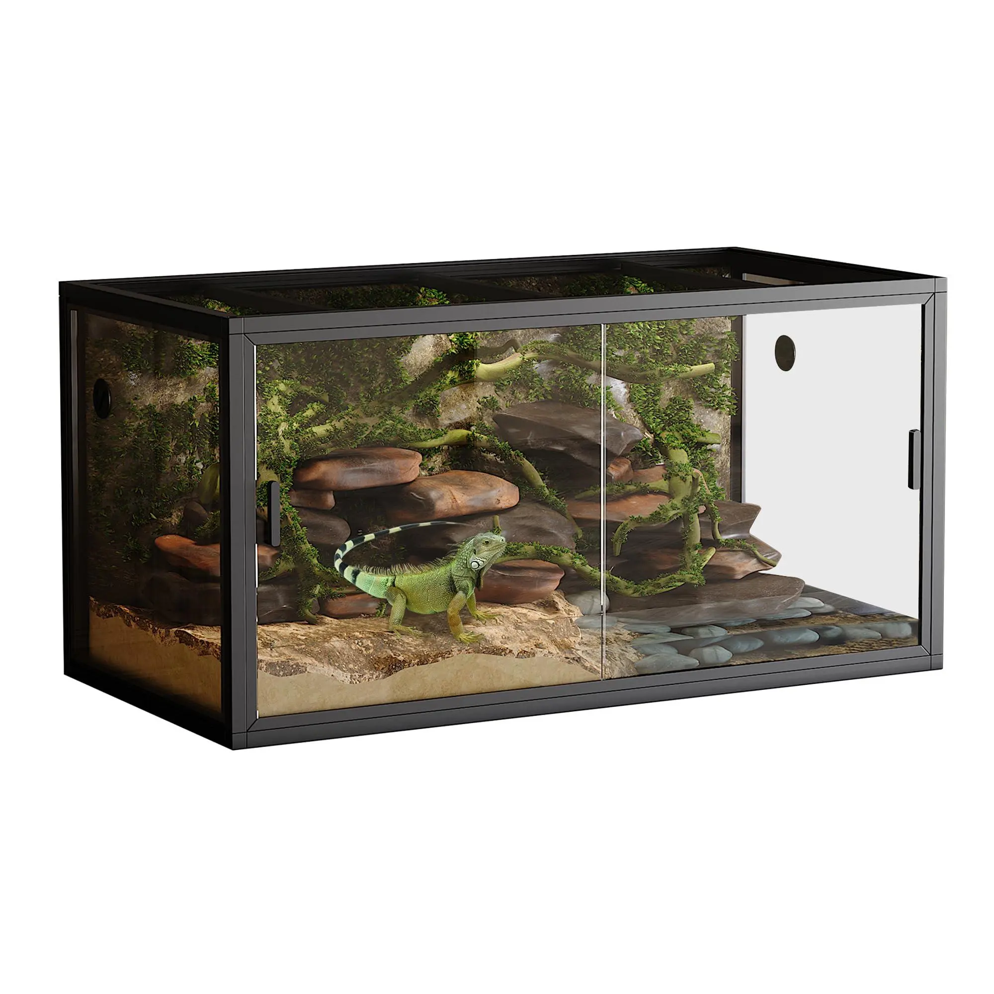 120 Gal Rectangle Reptile Terrarium (4x2x2 ft) - Tempered Glass Sliding Doors, Aluminum Heavy-Duty Screen Ventilation Top, Plastic Components, Quick Setup Enclosure for Bearded Dragons, Ball Pythons (Black), Lizards