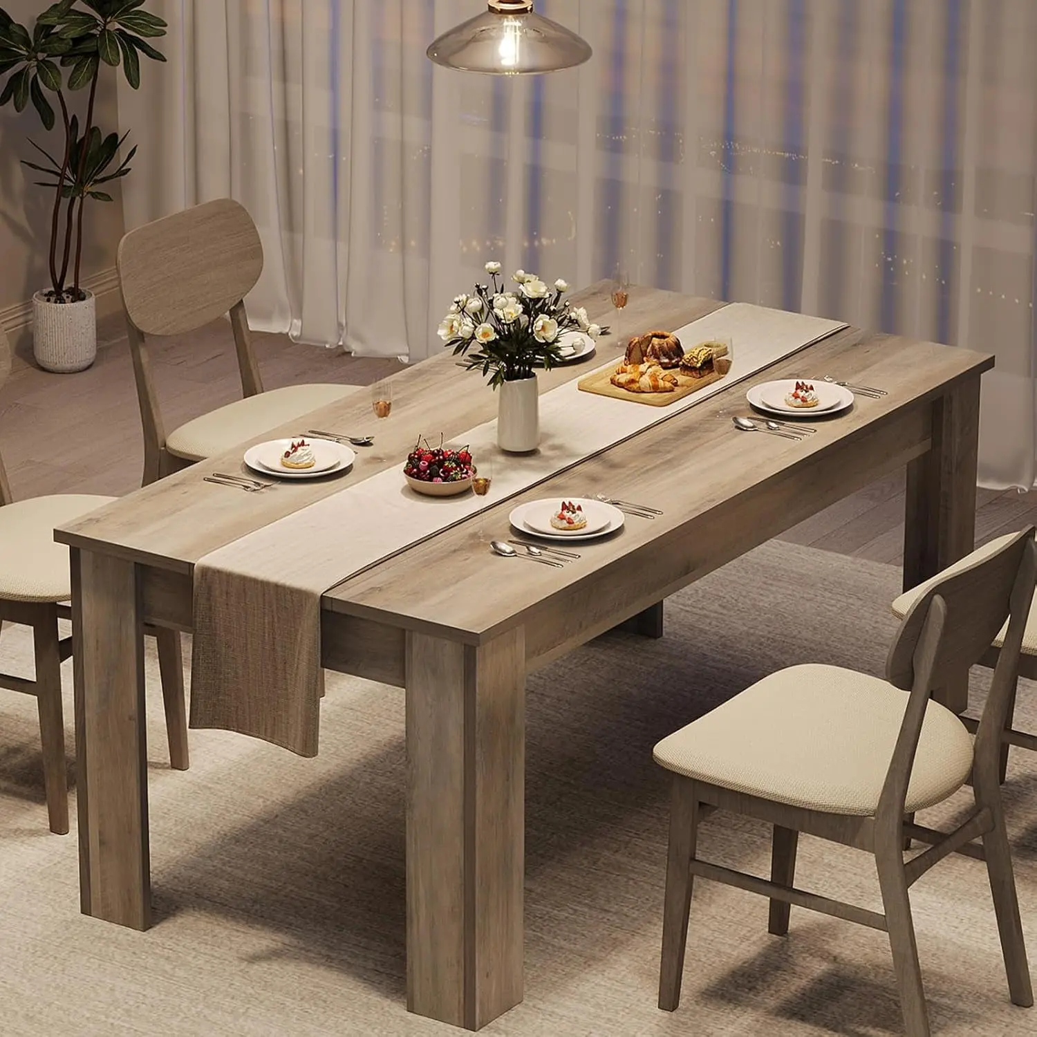 Gray Dining Table for 4-6, Rectangular Dining Room Table, Kitchen Table with Large Table Top, Dinner Table, Farmhouse Dining Table for Dining Room, Kitchen, Living Room