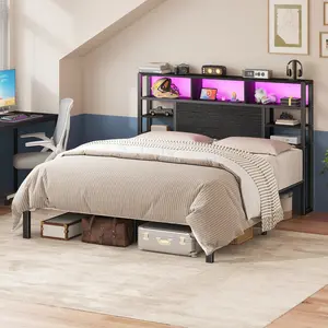 Raybee LED Bed Frame with Headbaord & Storage Bookcase Shelves for Queen, King, Full, RGB Lights & Power Outlet, 12.2" Underbed Storage Spaca, Strudy Metal Frame & Slat Holds 1100LBS, No Noise, Moden Industrial Wood Platform Bed Frame for Apartment, Teens