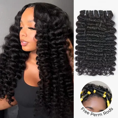 WEQUEEN Women's Long Deep Wave Brazilian Human Hair Extensions Bundles, 12-28in Natural Black #1b, 100g per Bundle, for Flipover Quick Weave/Sew In, with Free Perm Rods, Natural-Looking Style, Natural Black Weave