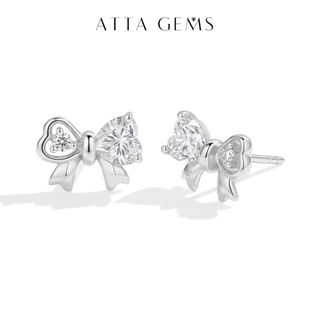 ATTAGEMS Cute Bow Earrings for Women in 925 Sterling Silver, 0.5-1.2ct Heart Cut Lab-Grown Moissanite, Party & Daily Wear Jewelry Gift, Cute Earrings, Bow Shape, Female