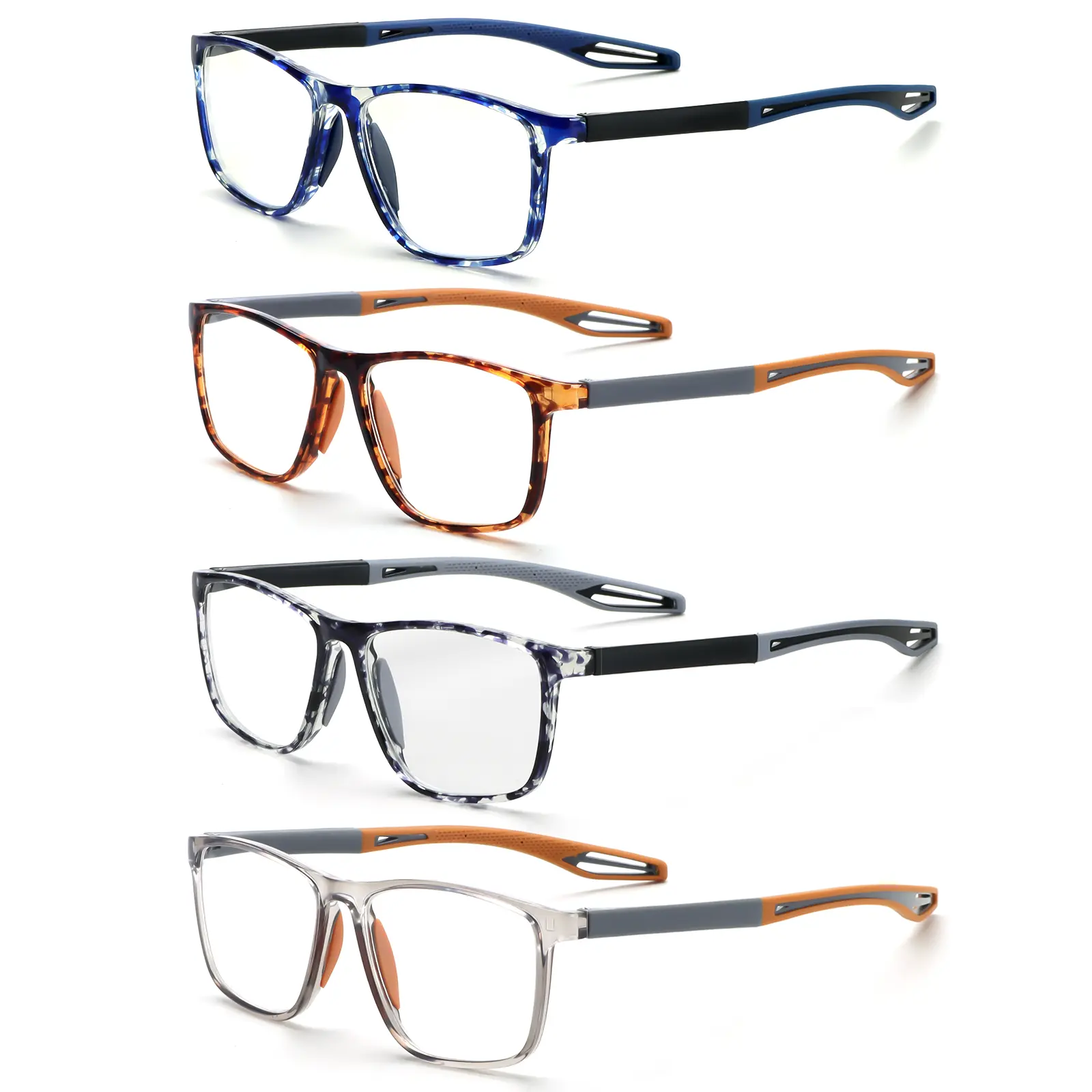 Latest model - 4 pairs of sport-style anti-slip reading glasses - ultra-light anti-blue light, for men and women, 0 to +6.0, suitable for sports and digital screens, visual enhancement, lightweight glasses, comfortable and flexible