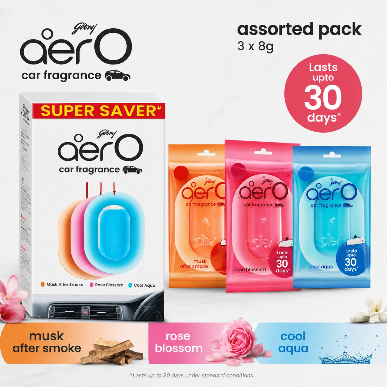 Godrej Aer O Hanging Car Freshener, Assorted Pack of 3 Car Fragrance Set Car Odor Remover Car Scents Car Perfume