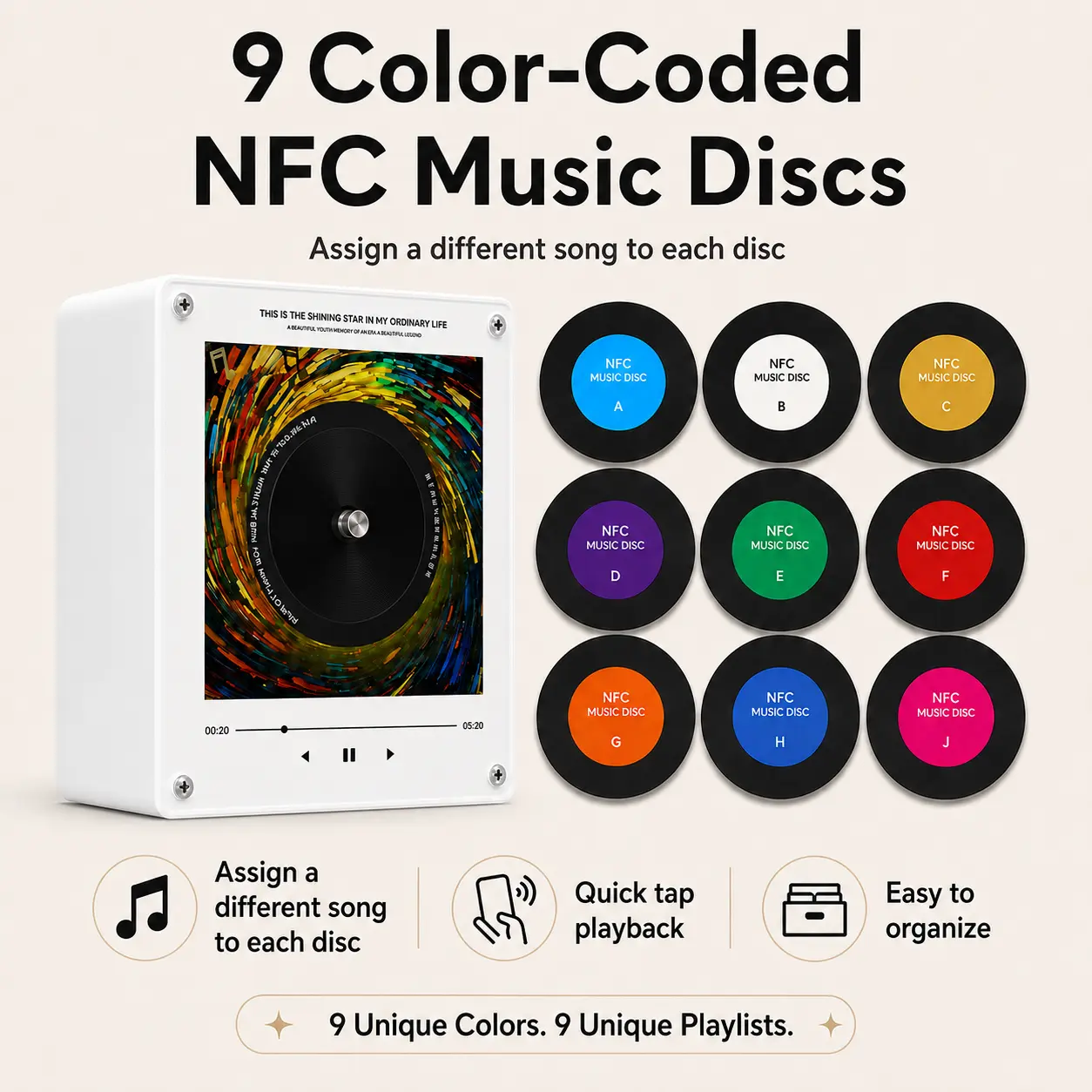 Vintage Vinyl Record Magnetic NFC Music Box Player with Light Effect, Rotating Mini Vinyl Fridge Magnet, 9 Discs, 128MB Storage, USB-C Charging, Desk Room Decor, Gift for Music Lovers and fans