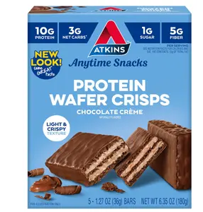 Atkins Chocolate Crème Protein Wafer Crisps, Protein Dessert, 4g Net Carb, 1g Sugar, High in Fiber, Keto Friendly, 5 Count