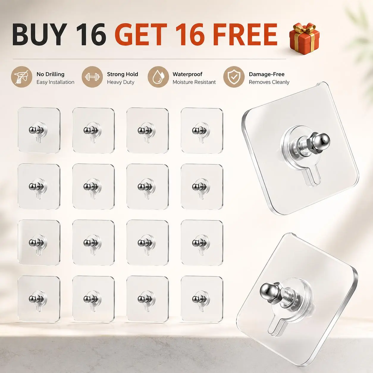 BUY 16 Get 16 Free 32-Piece No-Drill Screw Stickers, Strong Adhesive No-Nail, No Drilling Required Adhesive Wall Hooks Wall Mount Screw Hooks Picture Hangers Only for Smooth Surfaces (Not for Wallpaper/Textured Walls) Room Organization Products Organiser