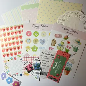 Spring Junk Journal Kit | Pastel Scrapbook Paper, Strawberry Stickers, Ephemera