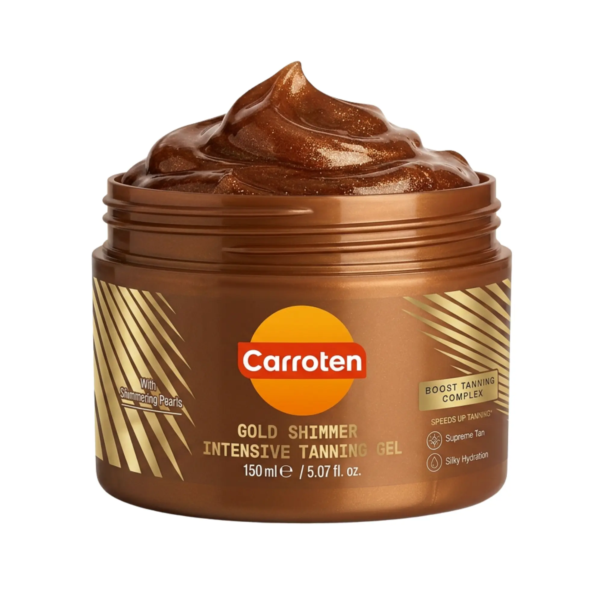 Carroten Gold Shimmer Tanning Gel | Browning Tan Accelerator | Non-Greasy, Water-Resistant with Carrot & Coconut Oil | Vitamin A & E For Moisture & Hydration | 5 Fl Oz Bronze