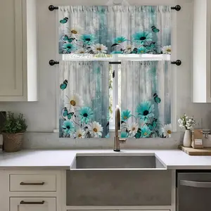 2pcs of 2D Flat Printed Kitchen Curtains Featuring a Retro Design with White Daisies, Cyan Daisies, And Cyan Butterflies. Includes Rod Pocket Valance And Tier Curtains, Perfect for Window in Kitchens, Cafes