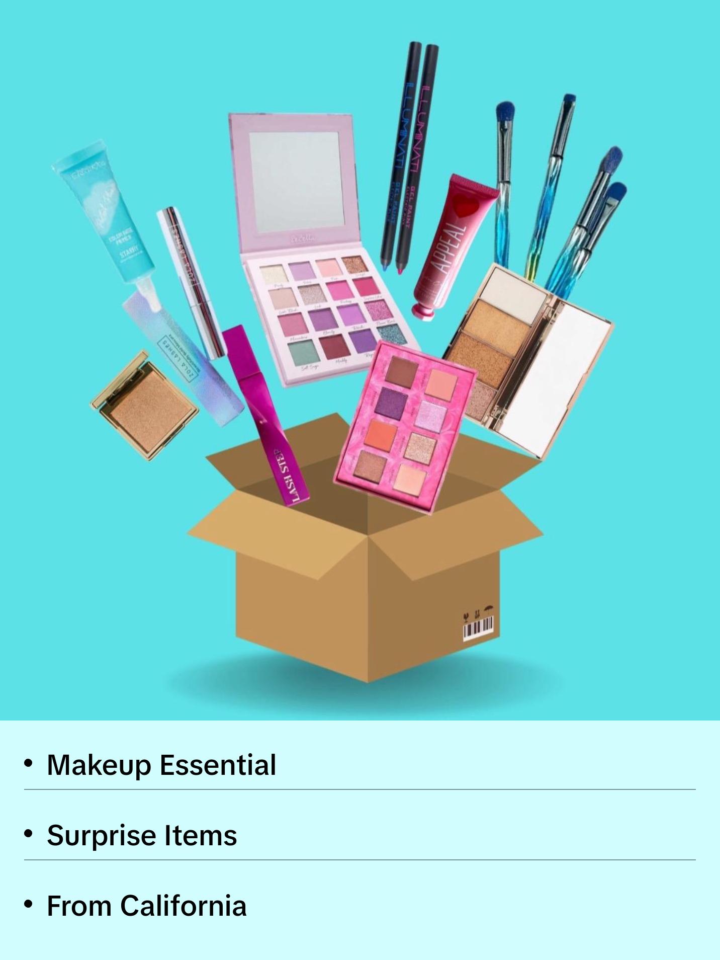 Limited Edition Overstock Box - Includes either 9 or 17 Makeup Essentials: Eyeshadow Palettes, Lip Gloss, Blush, Liner, Brow Products, Mascara, Setting Spray & More Ships from California