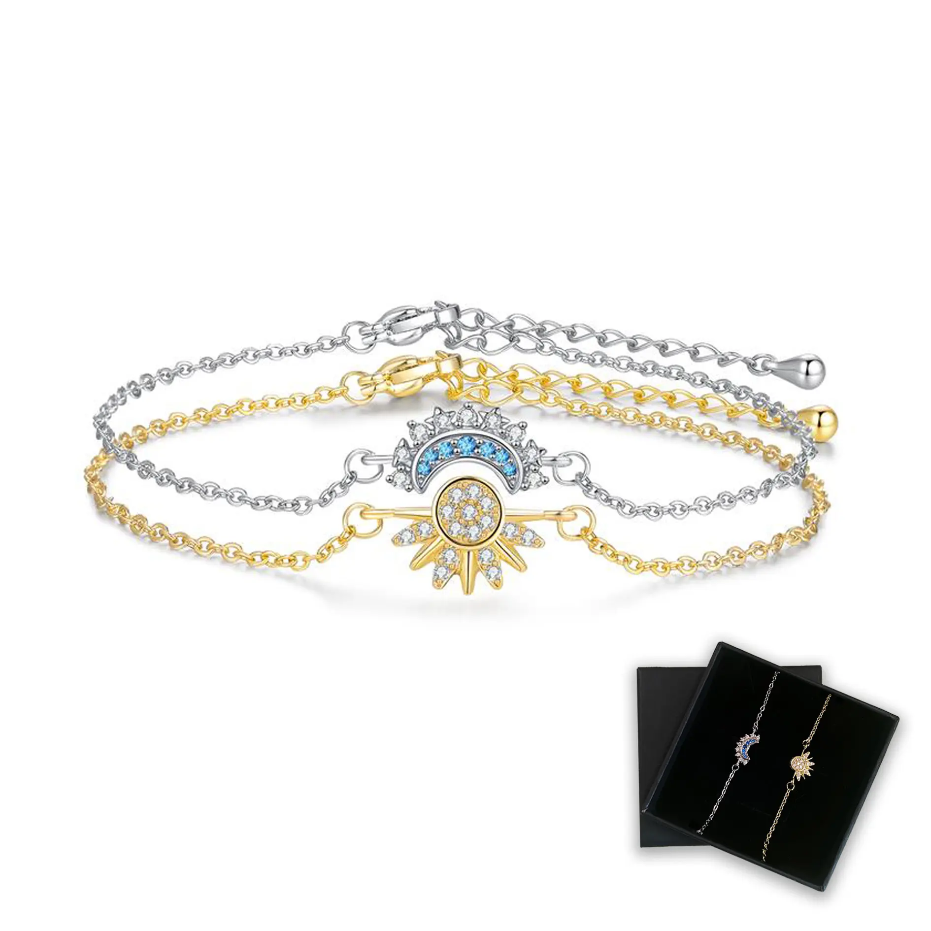 Sun and Moon Bracelet Set for bestfriend, sister gift,Stackable Gold Sun & Blue Moon Bracelet, Matching Couple/Friendship/sister Jewelry necklace