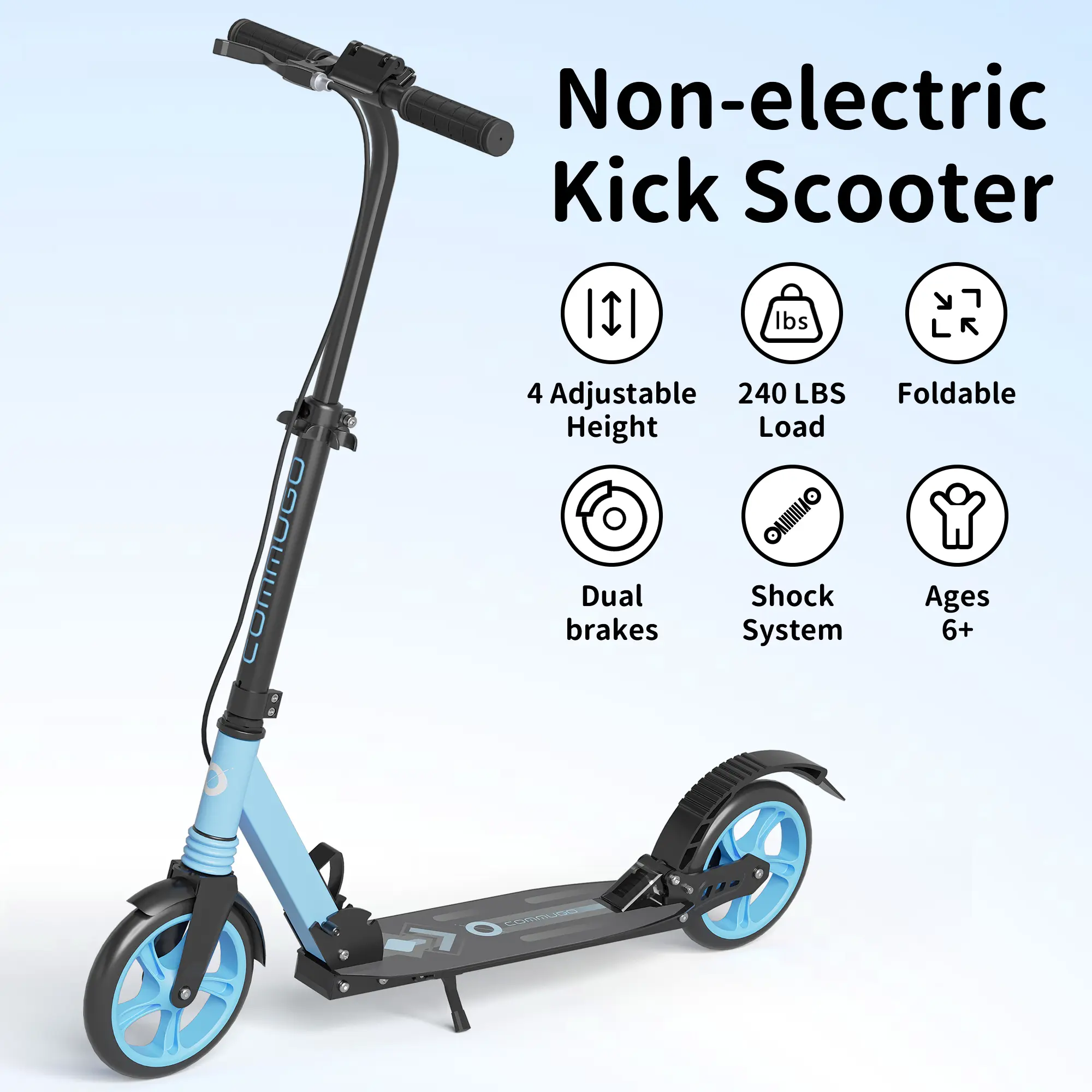 COMMUGO T2 Kick Scooter for Kids 8+, Teens & Adults, Multifunctional Foldable Scooter with Dual Suspension, Dual Brake Safety & Height Adjust Bar, Wide Deck for 240 lbs Load, Max 240Lbs tiktokshopbacktoschool