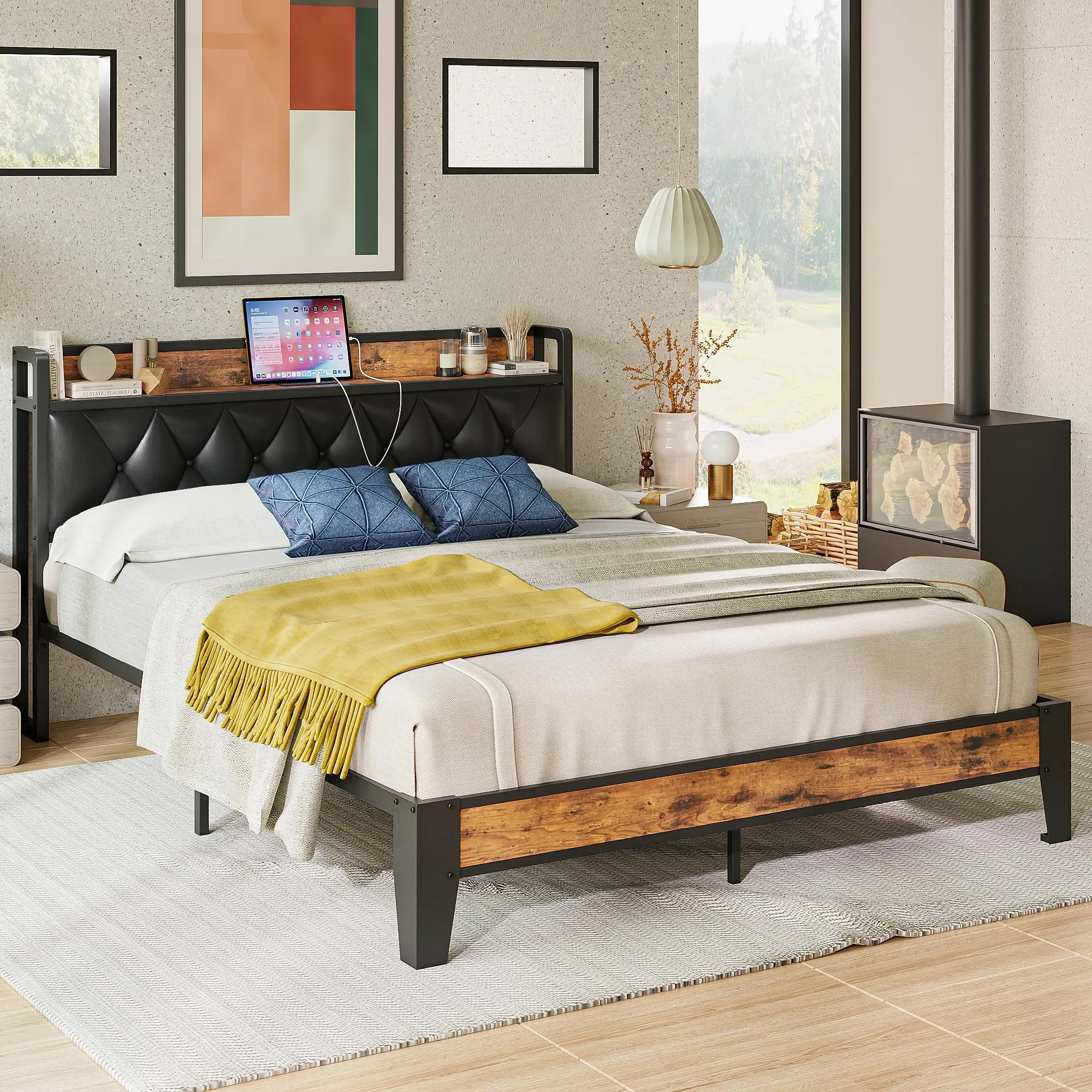 【Storage Headboard & Built-in Outlets】 ANCTOR Platform Bed Frame, Sturdy No-Noise Design, Easy Assembly, No Box Spring Needed for Bedroom