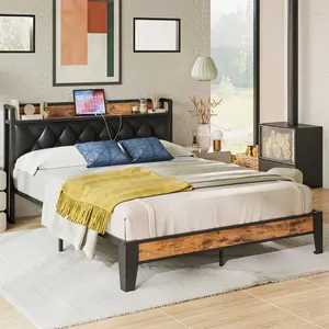 ANCTOR Bed Frame, Storage Headboard with Outlets, Easy to Install, Sturdy and Stable, No Noise, No Box Springs Needed