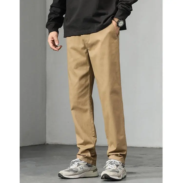Menswear Straight-Fit Chino Trouser - 98% Cotton 2% Spandex Plain Khaki Pants, All-Seasons Versatile Bottoms for Daily Commuting & Weekend Casual Outings, Clean Minimalist Everyday Style