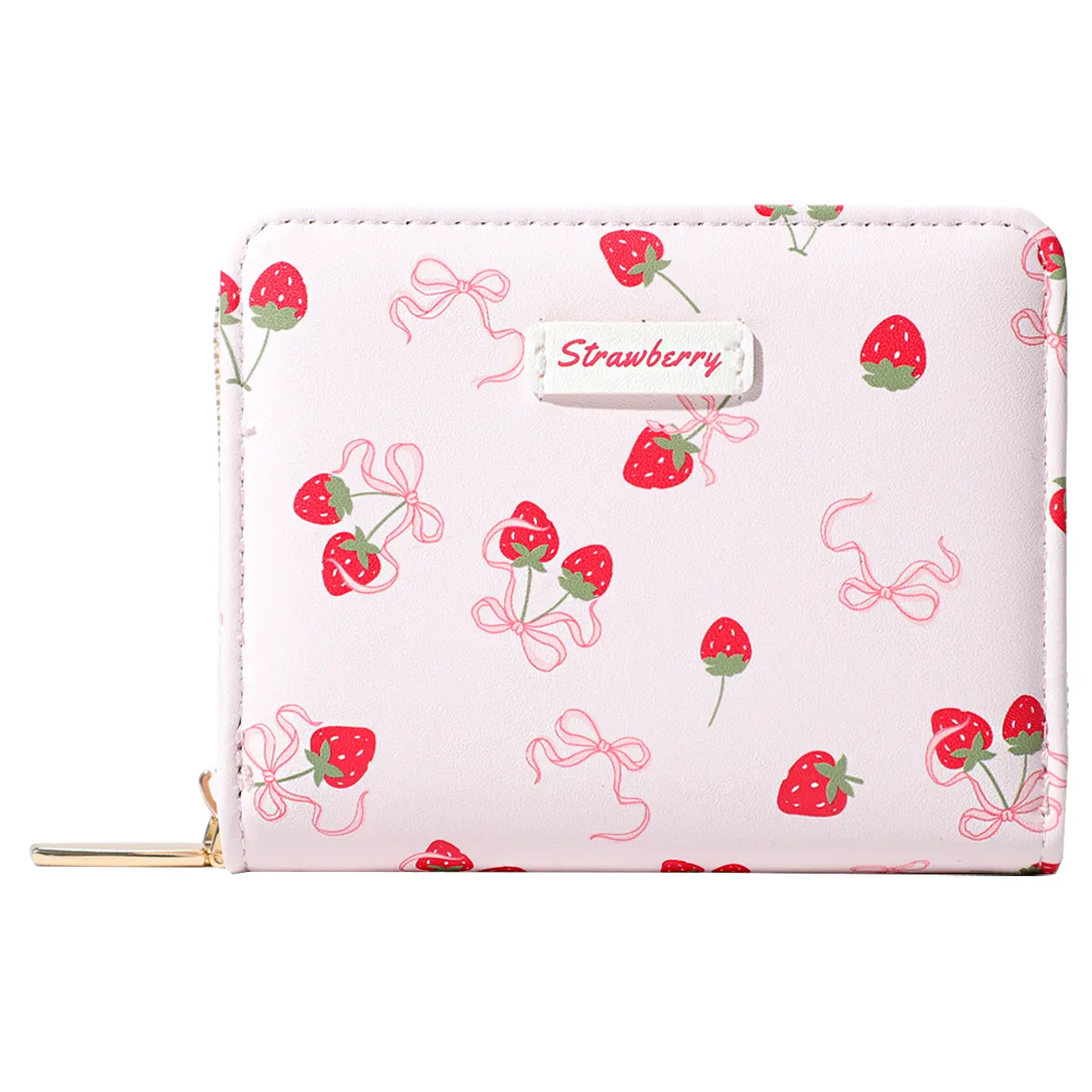 Strawberry Bifold Zip-Up Wallet for Women - Cute Strawberry Bow Print, Durable Fashion Coin Purse, Preppy Style Wallet for Girls