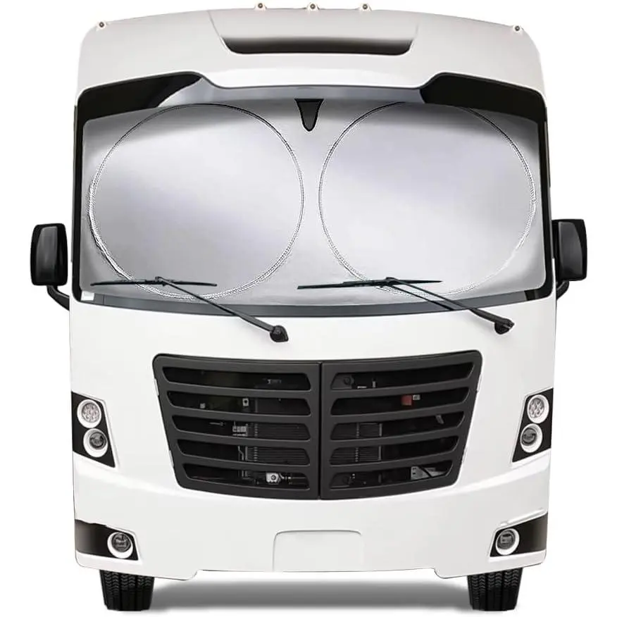 Class A RV Windshield Sun Shade Cover - Nylon Fabric UV & Heat Blocker, Easy to Use & Store, Lightweight Portable Sun Protection Front Window for Trailer, Motorhome, XXXL 102x51in, Bus