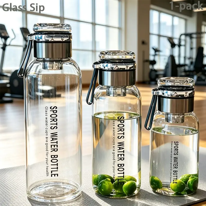 Large Capacity Borosilicate Glass Water Bottle with Stainless Steel Tea Infuser, Protective Sleeve and Carry Strap, BPA Free Lead Free Heat Resistant for Hot Cold Beverages, Leak Proof Dishwasher Safe for Gym Hiking Travel, Sports Water Bottle