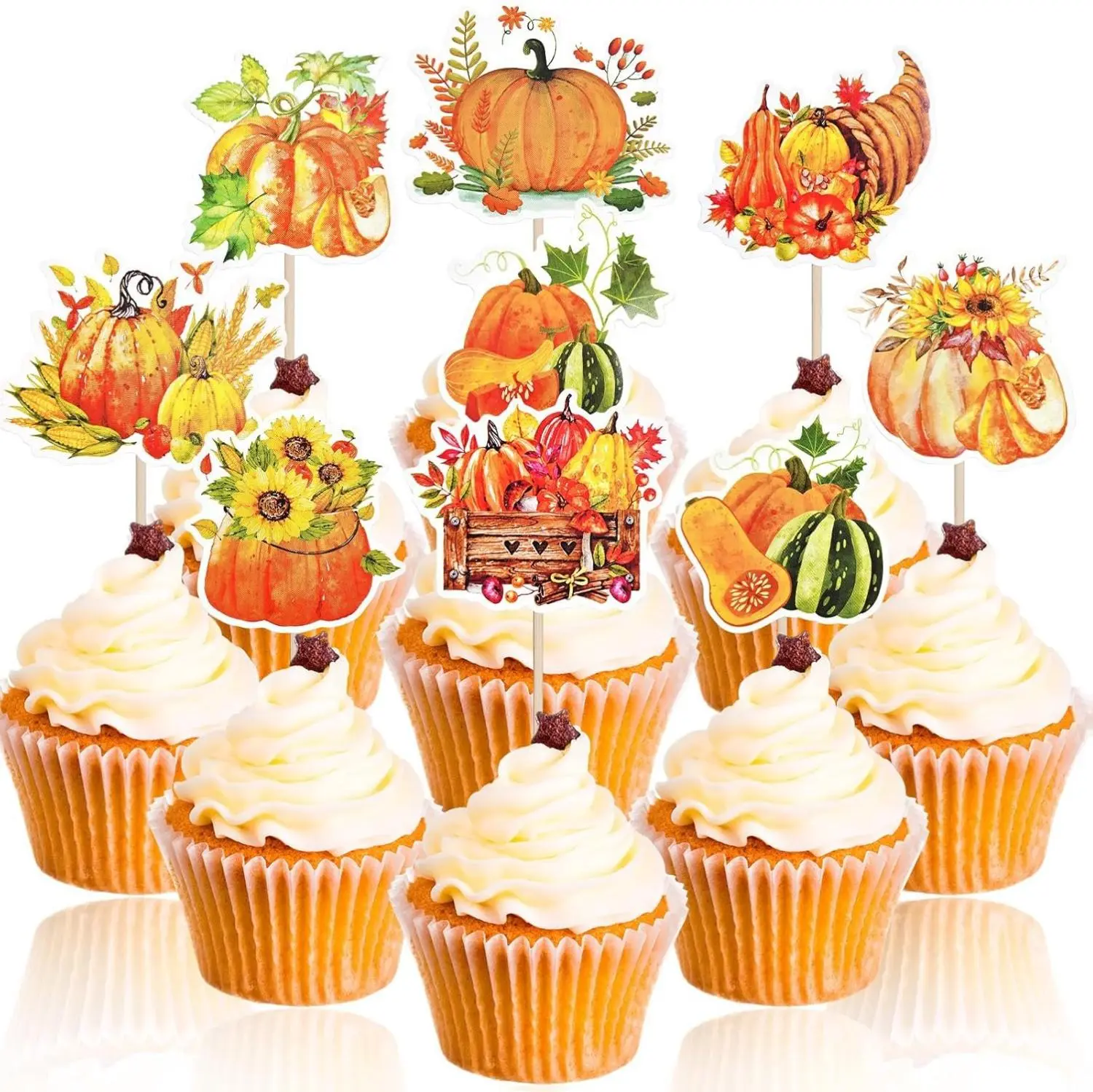 32-Piece Fall Pumpkin Cupcake Toppers Set - Easy-Install Harvest-Themed Cake Decorations with Sunflower, Squash, Gourd Designs for Thanksgiving, Party, Birthday Festivities