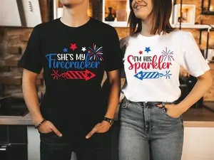 Firecracker & Sparkler Couple T-Shirts – Matching 4th Of July Graphic Tees, Patriotic USA Independence Day Outfit ,100% Cotton