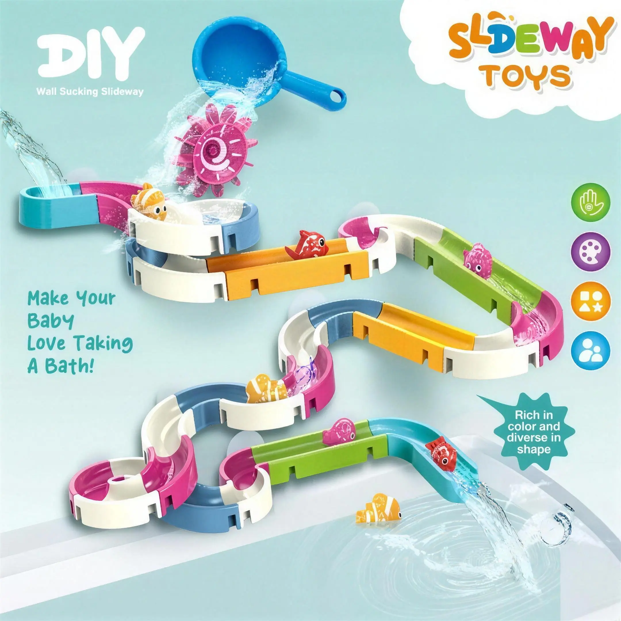 [Upgraded] DIY Bath Water Slide Toy Set with Suction Cups, Spinning Fish & Water Wheel – 21/31/48 PCS Creative Building Toy for Kids