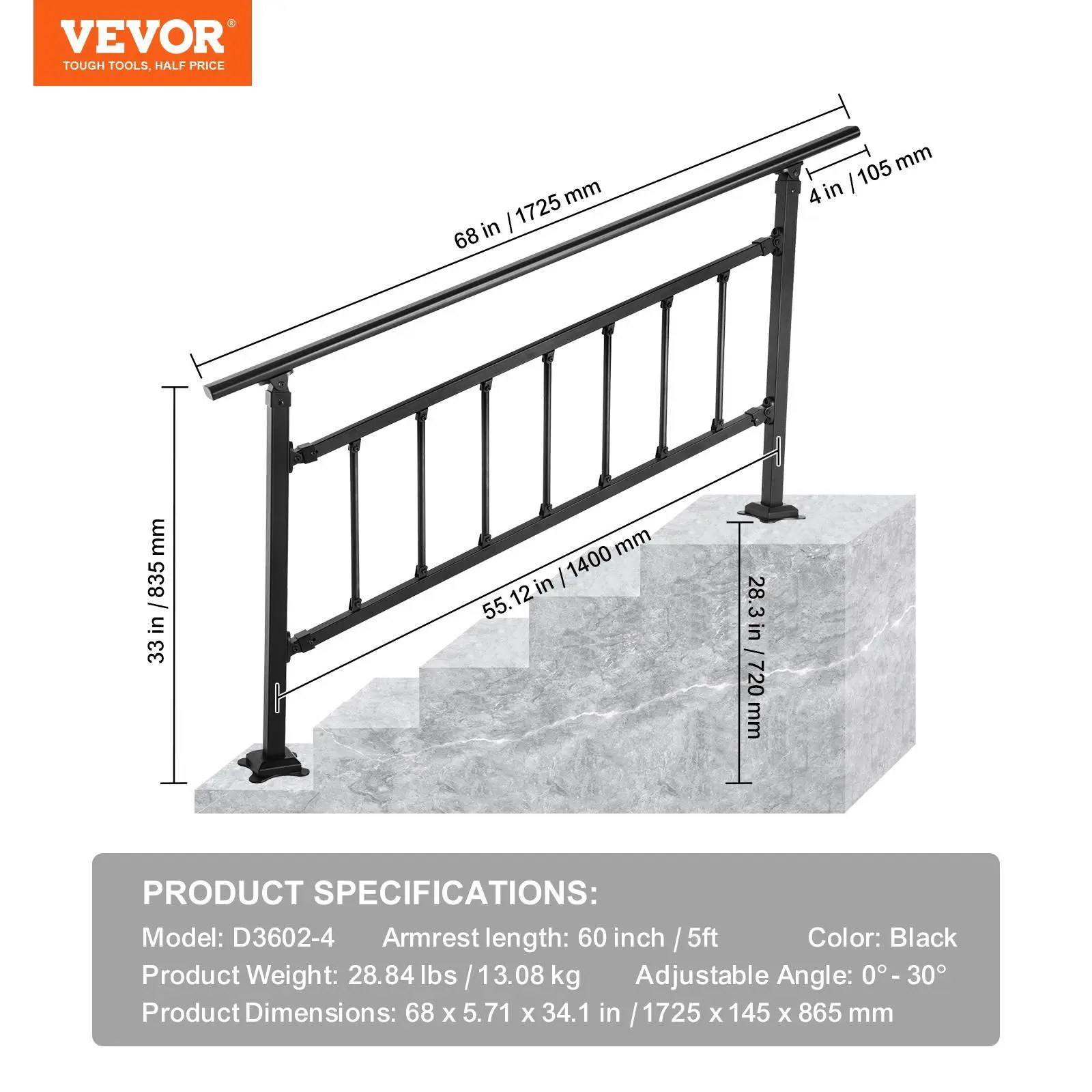 【SummerFinds】VEVOR Residential Commercial Wrought Iron Outdoor Metal Stair Railings, Adjustable Angle, Fits 0-5 Steps, Anti-Skid, Mop-Clean Finish, Fence & Installation Kit Included for Concrete Stairs (1 m12 Drill, 10 Expansion Screws, 10 m8x60mm Screws)