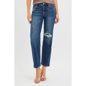 RISEN High Rise Crop Slim Straight Jenas with Hidden Knee Patch