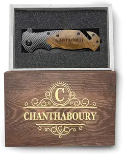 Initial Letter Name Elegant Engraved Design Custom Pocket Knife, Personalized Pocket Knife For Men, Outdoor Utlity Pocket Knife With Wood Box For Men