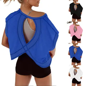 WoodBerry Open Back Tops for Women Oversized Short Sleeve Workout T-Shirts Casual Yoga Backless Athletic Slouchy Crop Running Tees Streetwear