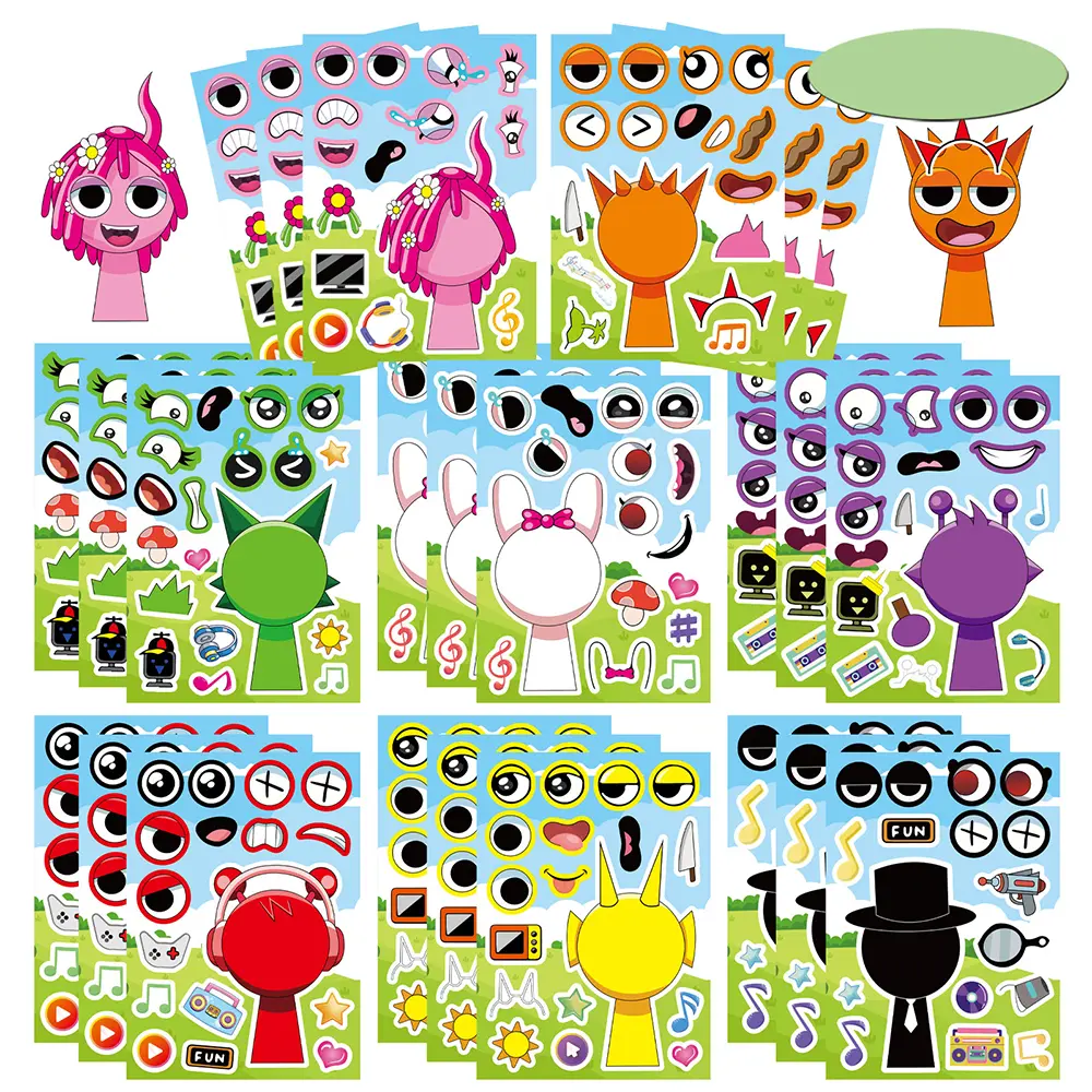 Unisex Beginner Anime Funny Creative Stickers - 8/16 Sheets Character Cartoon Face Assemble Decals, DIY Kids Cognitive Development Toy, Party Gift, No Battery Needed, Sticker Packs, Diy Crafts Stickers