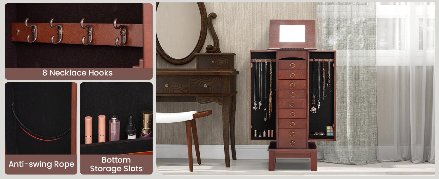 Giantex Large Jewelry Armoire Cabinet with Drawers & Swing Doors Hooks Top Mirror Boxes, Standing Cambered Front Storage Chest Stand, Large Standing Jewelry Armoire, Dark Walnut