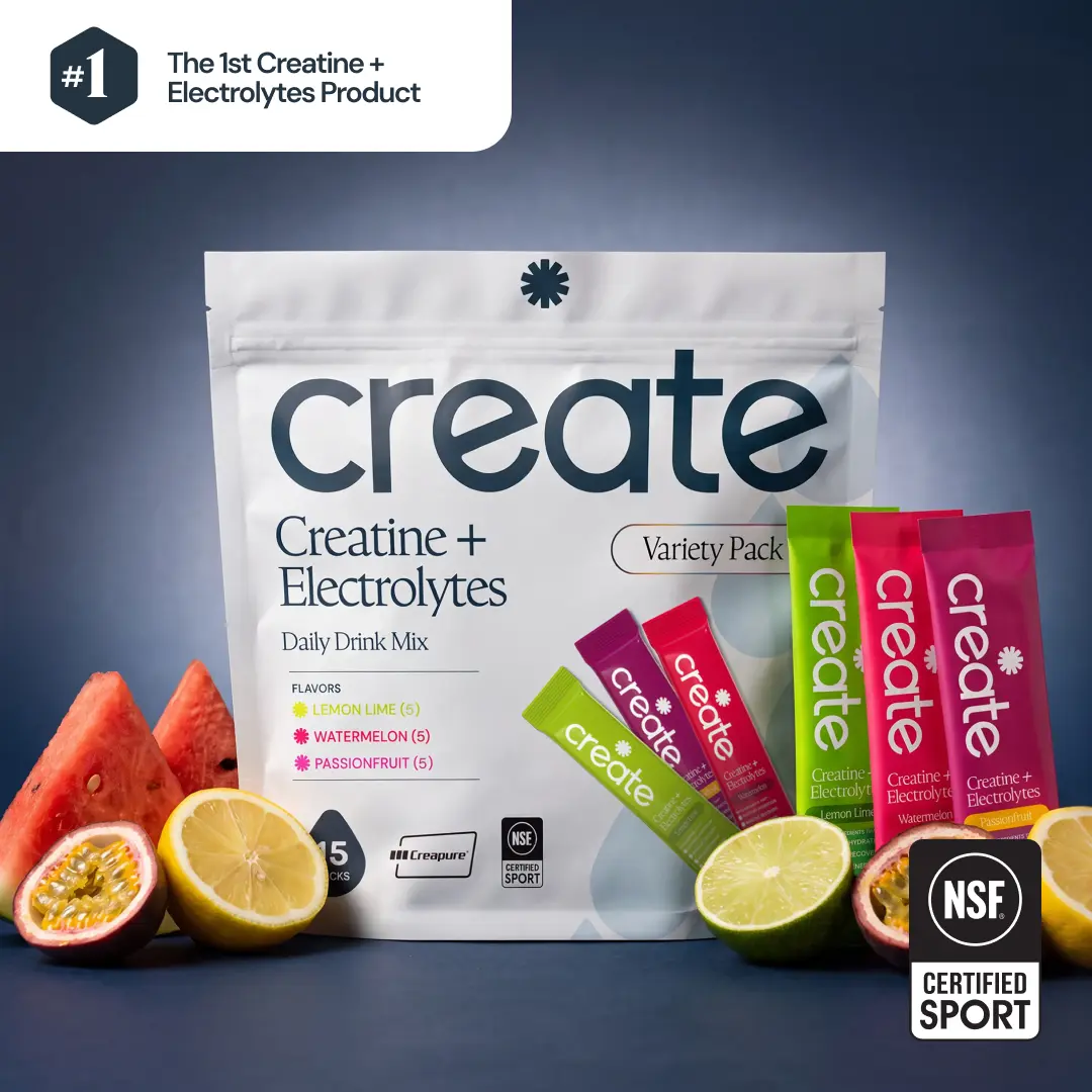 Create Creatine + Electrolytes Mix Variety Pack – Creatine Monohydrate Stick Packs for Energy & Hydration, NSF Certified for Sport,  (Watermelon, Lemon Lime, Passion Fruit)