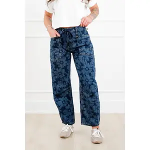 Risen Mid Rise Dark Wash Floral Relaxed Barrel Jeans