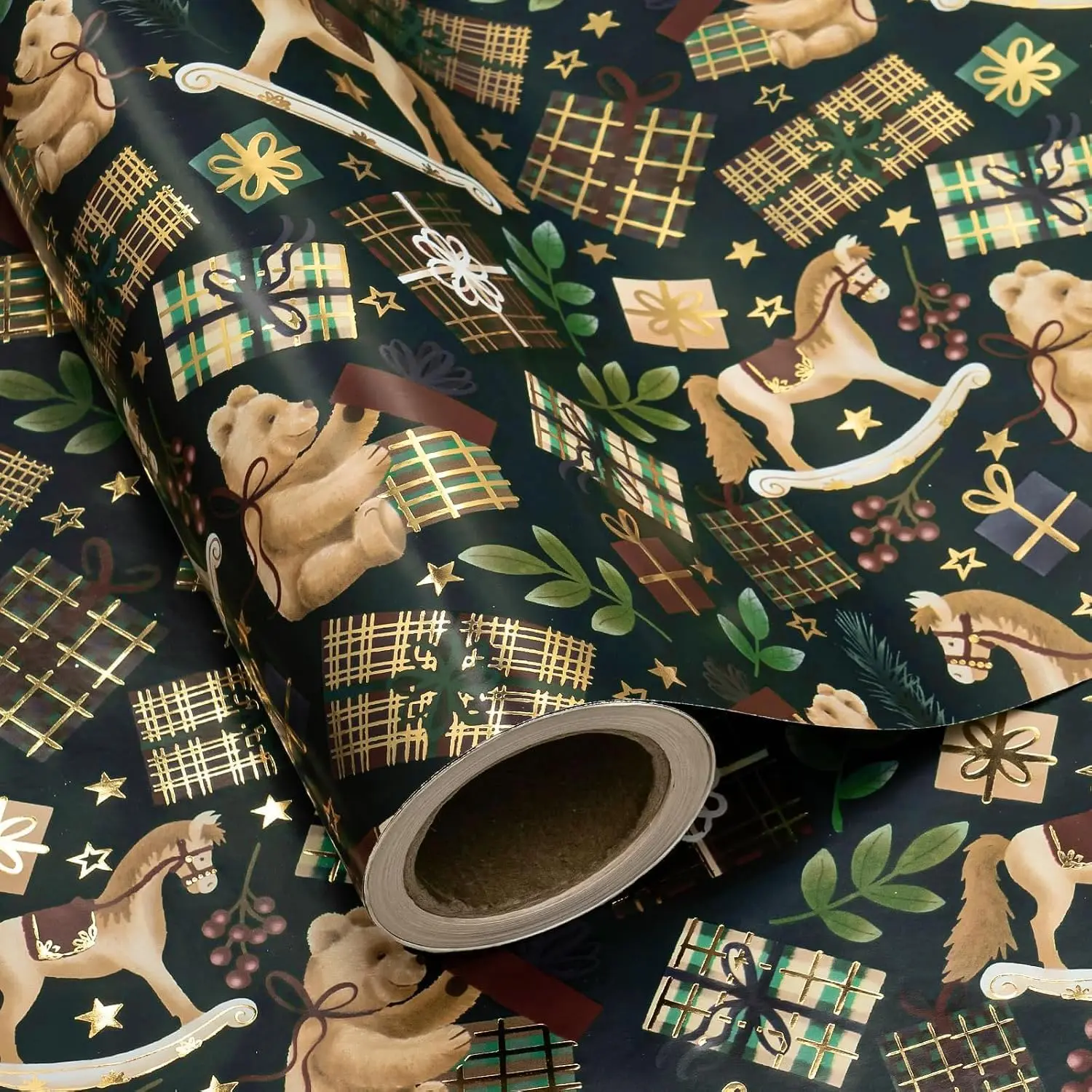 【Choose 3 Free】WRAPAHOLIC Christmas Wrapping Paper Roll, Classic Holiday Gift Wrap with Santa, Rocking Horse, Bow, Sports, Gaming Designs, Festive Xmas Paper for Kids, Family Gifts, 17 in x 16.5 ft,