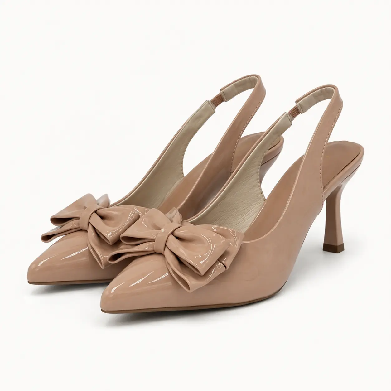 GeeYea women’s Nude Patent Slingback Heels, Pointed Toe High Heel Pumps with Bow Detail, Sheepskin Lining & Rubber Sole, Elegant Shoes for Office, Date Night, Party & Wedding Outfits