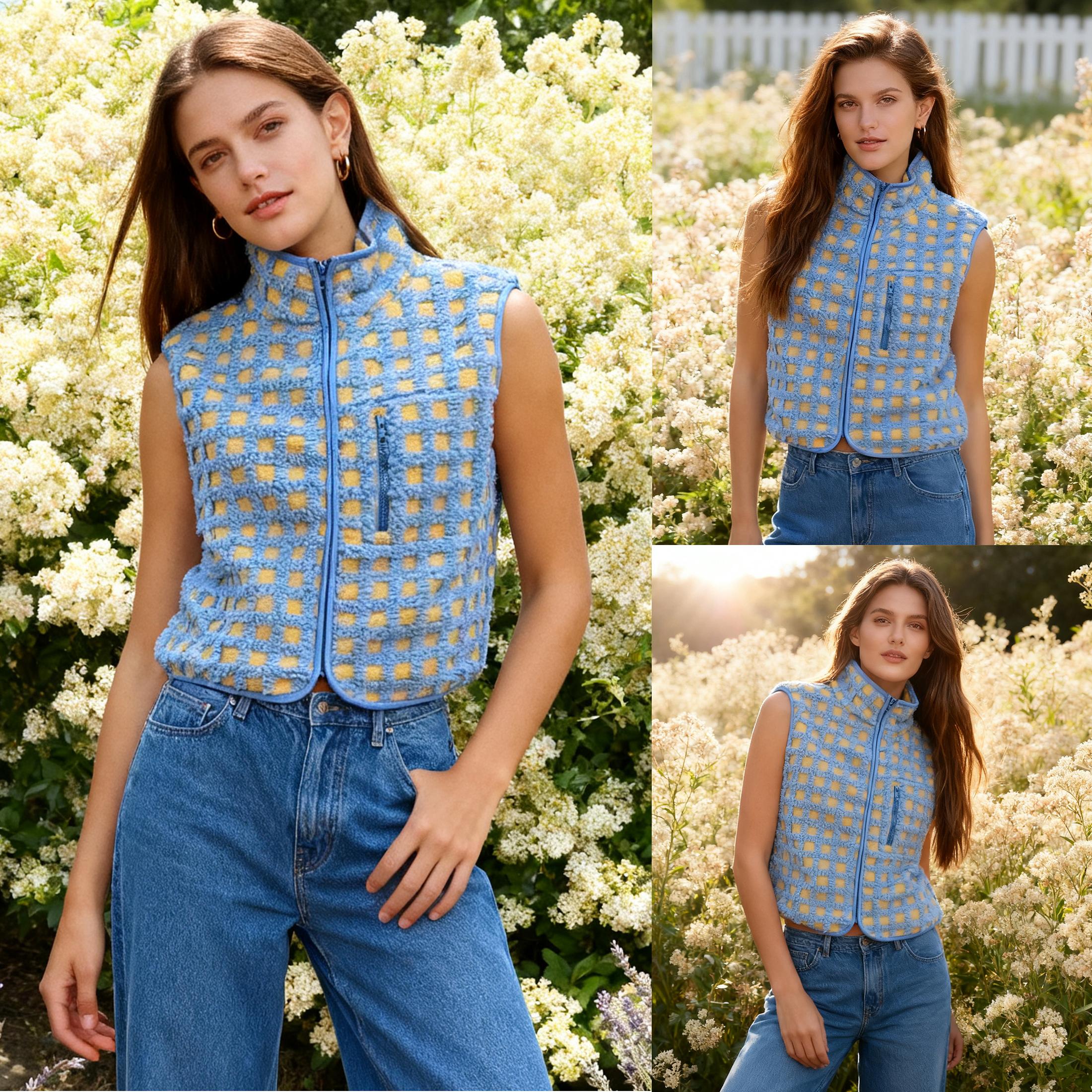 Mundoven Womens Checkered Sherpa Vest Fleece Fuzzy Zip Up Sleeveless Jacket Casual 2025 Winter Warm Outwear