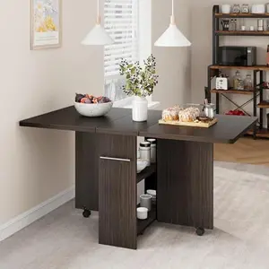 Folding dining table for 4 people – fold-out tabletop, 2-tier shelf, 6 casters – mobile & expandable, ideal for kitchen or playroom – dark walnut with handle, 1200×600×750 mm