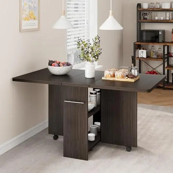 Folding dining table for 4 people – fold-out tabletop, 2-tier shelf, 6 casters – mobile & expandable, ideal for kitchen or playroom – dark walnut with handle, 1200×600×750 mm
