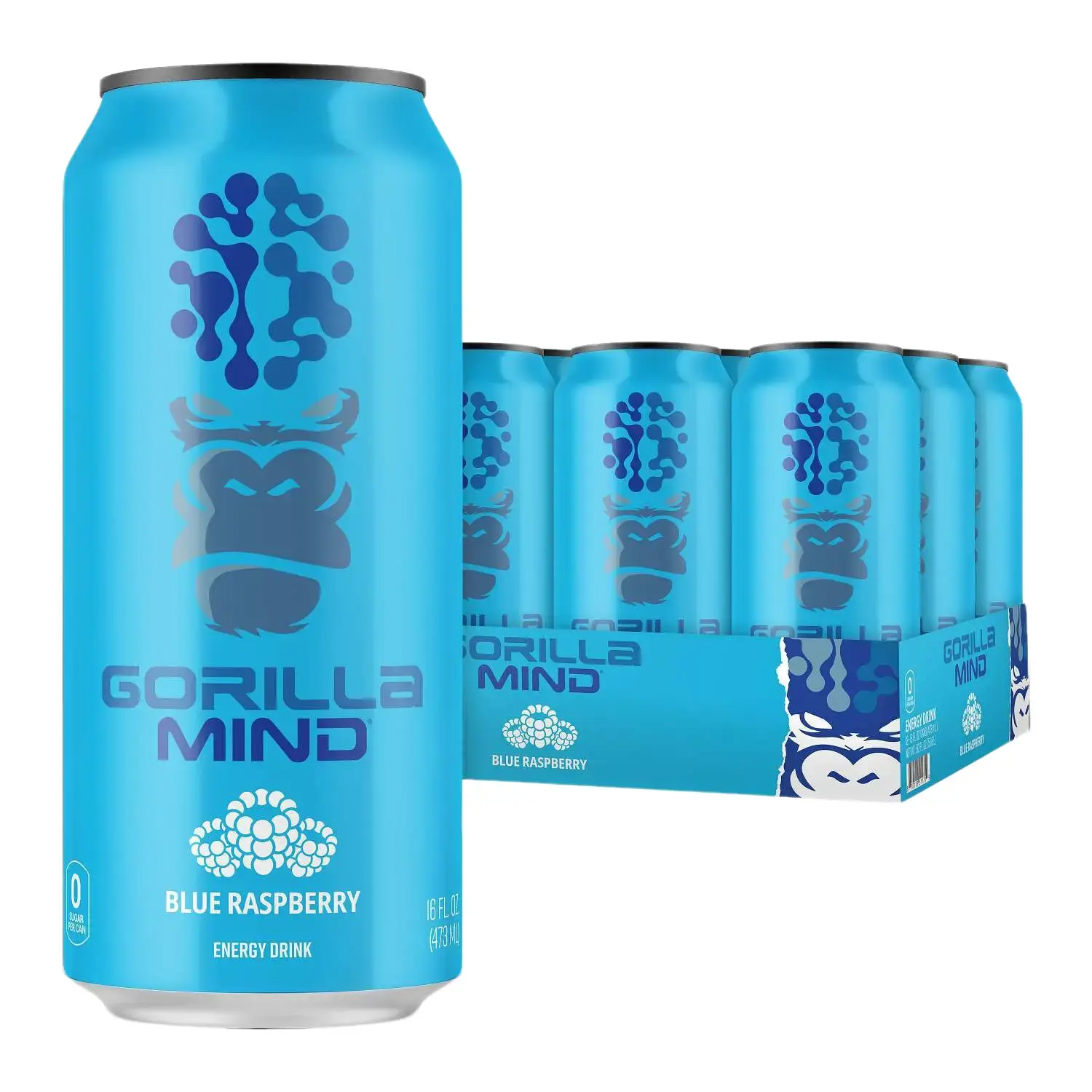 Gorilla Mind Sports Energy Drink - Blue Raspberry, Cognitive Boosters, Includes Caffeine (12 Cans, 16 fl. oz. Each)