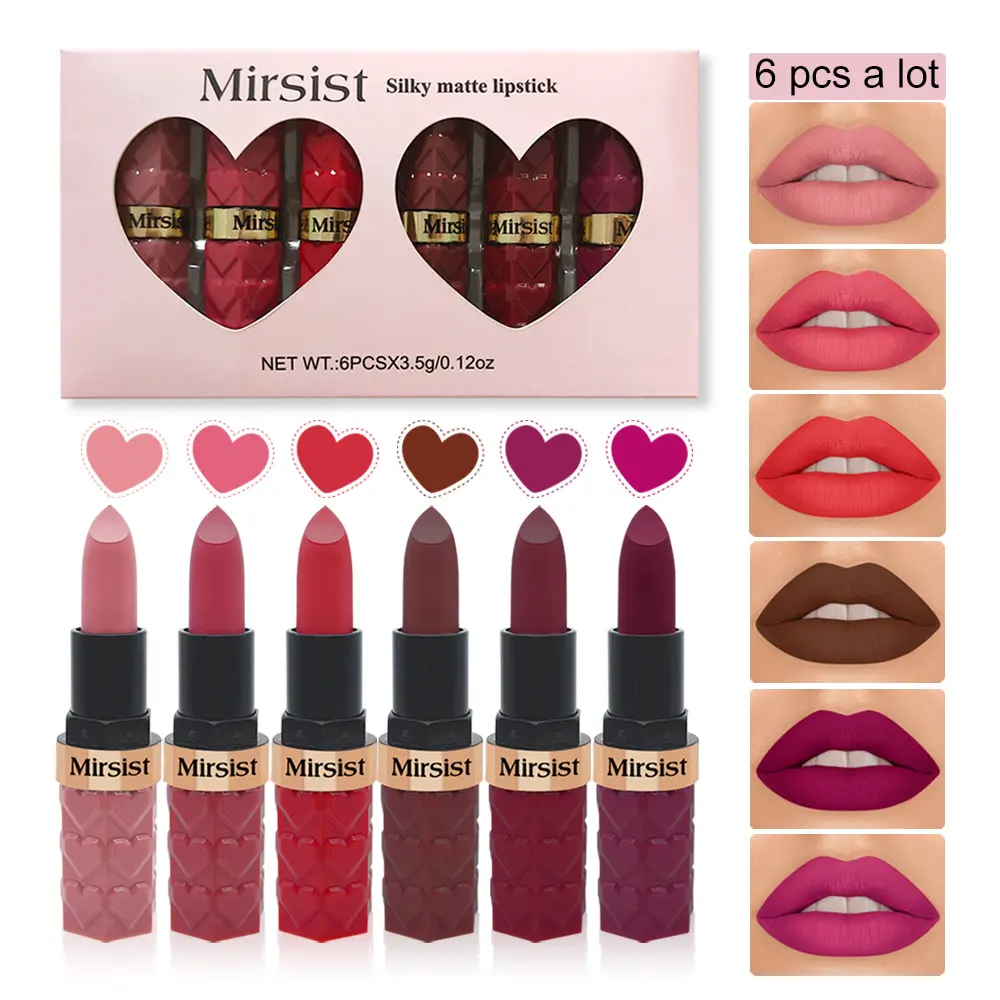 6-Color Matte Lipstick Set - Waterproof, long-lasting, fade-resistant, and smudge-proof, suitable for all skin types in berry and red shades. Perfect for Valentine's Day, Mother's Day, and Christmas.