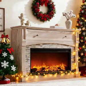 OKD 54" Rustic Wall-Mounted Fireplace TV Stand – 36" Electric Fireplace, Open Storage Cubbies & Mantel Shelf, Farmhouse Entertainment Console