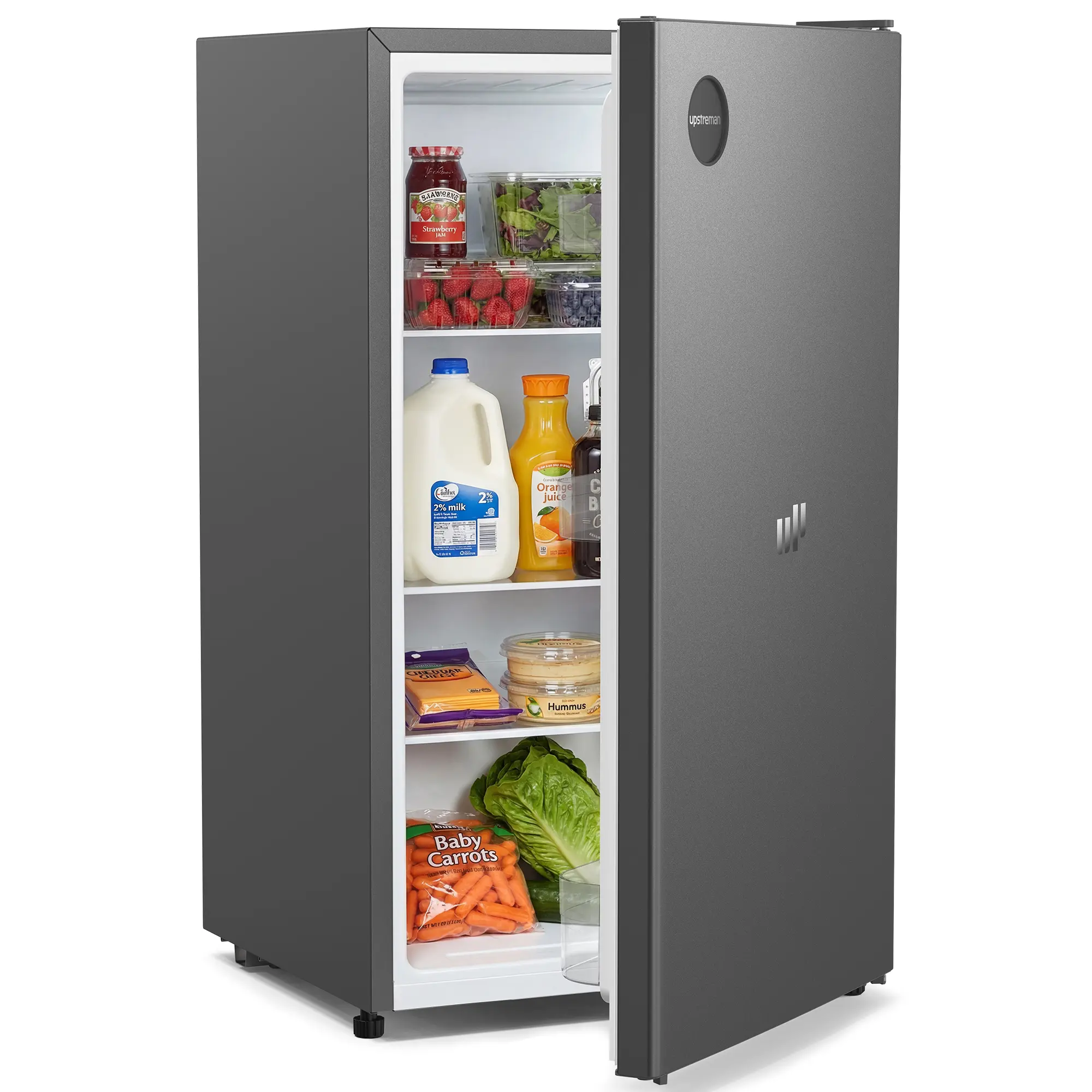 Upstreman mini fridges 3.2 Cu.Ft Sleek Stainless Steel Mini Fridge Energy Star Certified Adjustable Temperature Thermostat Reversible Door Compact pink Refrigerator Office Bedroom or Dorm CR32 College Outdoor drink fridge skincare fridge beverage cooler t