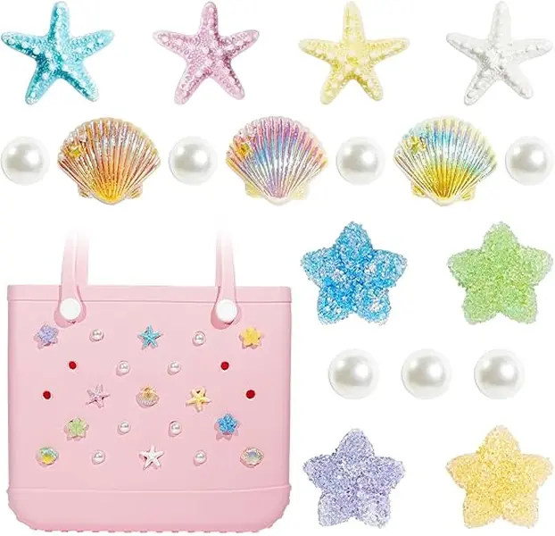Seashell & Starfish Charms Set – 18PCS Beach Bag Accessories for Bogg Bag, DIY Coastal Ocean Style Inserts Compatible with Simply Southern & Simple Modern Tote, Cute Summer Gift