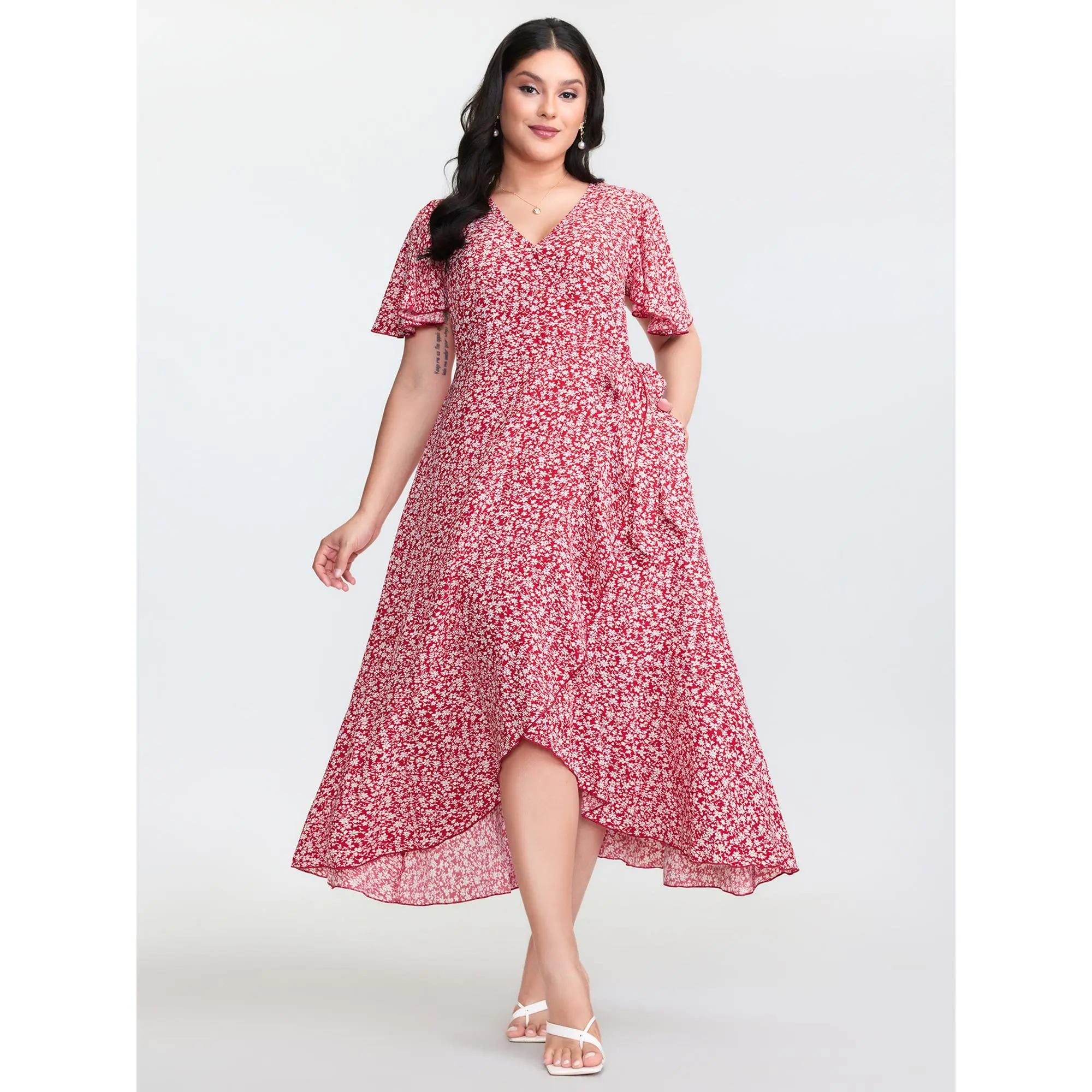 【Cottagecore Garment】 BLOOMCHIC Women's Casual Ditsy Floral Print Dress - Spandex Elastane Fabric, Flared or Short Sleeves, Ruffled Details, Pockets, Regular Length, Contrast Binding, Good Fit, Cold Wash, Low Iron, Iron-Smooth Finish, Summer Casual Wear