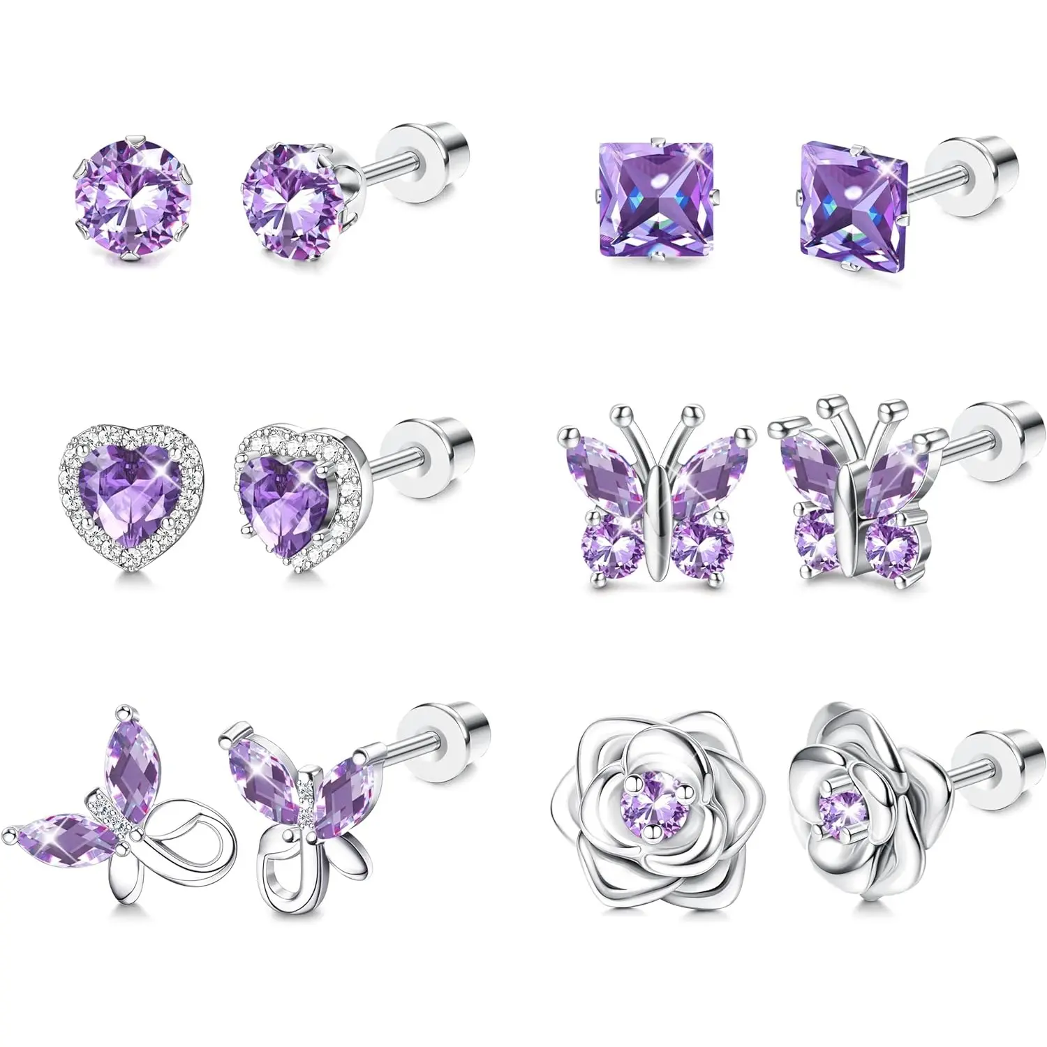 6-Piece Dainty Earring Stack Set for Women, Gold-Coated Stainless Steel Studs with CZ Butterfly, Flower & Heart Shapes, Hypoallergenic Screw-Back for Daily Wear, Birthday & Anniversary Gift, December Birthstone, August Birthstone, Christmas, Birthstone Gi