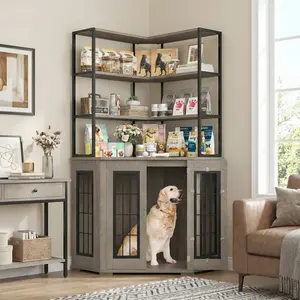 Corner Dog Crate Furniture, Large Dog Cage Furniture with Storage, 2 Safety Locks, 4-Tier Shelves, Dog Kennel Indoor Furniture with Double Doors for Medium and Big Dogs