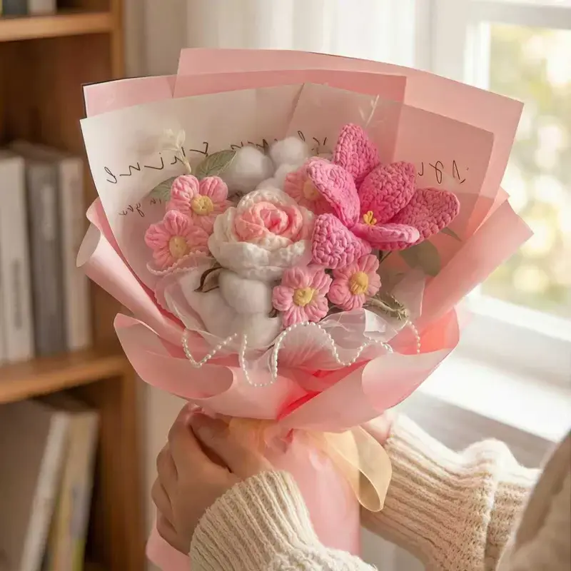 Handmade Crochet Flower Bouquet, Decorative Artificial Flowers for Home Decoration, Indoor Floral Arrangement, Perfect Gift for Weddings, Parties, Valentine's Day, Decorative Faux Flowers, Artificial Fake Flowers