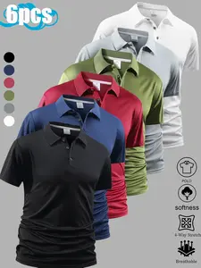 Men’s 6-Pack Short-Sleeve Polo Shirts, Solid Color, Turn-Down Collar, Slight Stretch, Sporty Casual, Light Business, Casual Athletic, Home Essential