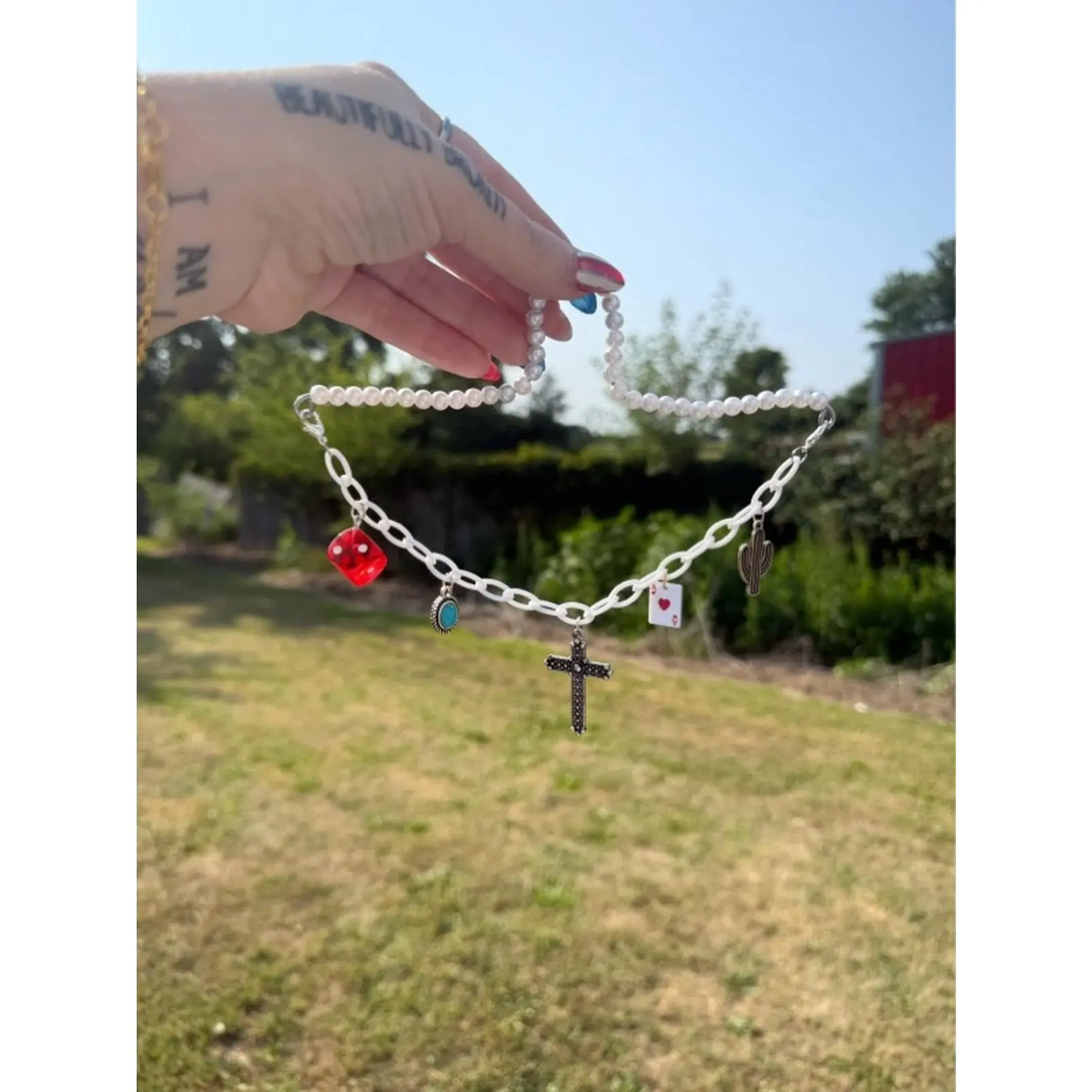 White Western Cross Review Mirror Charm Hanger with Red Crystal and Heart Charms
