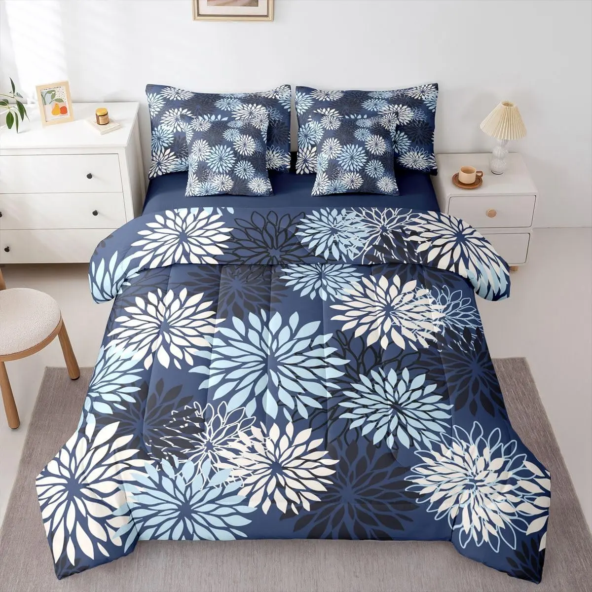 Boho Floral Comforter Set 7 Pieces Dahlia Floral Bedding Set Farmhouse Bed in a Bag Navy Blue Bedroom Decor All Season Quilted Breathable Soft Lightweight